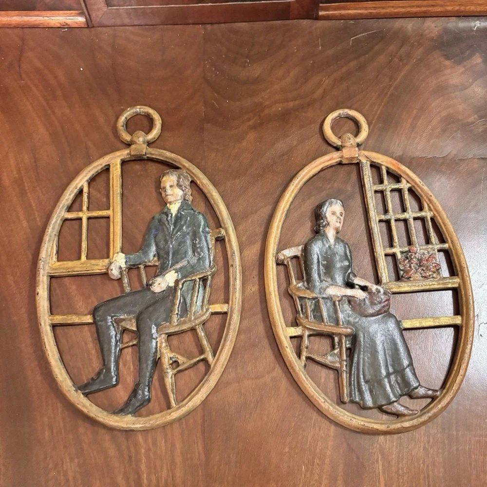 Vintage Metal Colonial Man & Woman Wall‎ Hangings Americana Plaques 11.5